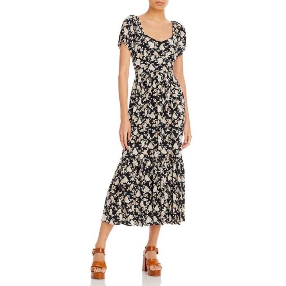 LoveShackFancy Angie Silk Floral Midi Dress Almond Cookie Sweetheart Neck Size 8